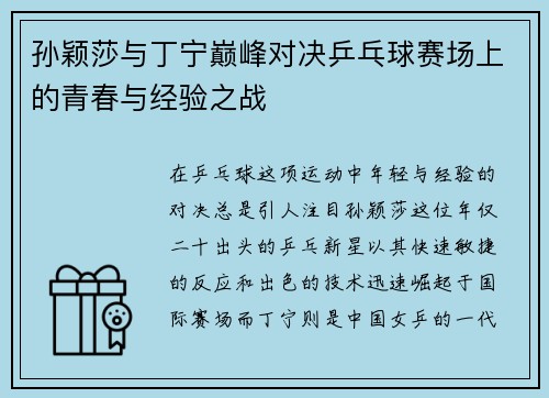 孙颖莎与丁宁巅峰对决乒乓球赛场上的青春与经验之战